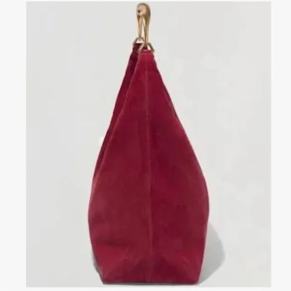 Red Suede Shoulder Bag with Sculpted Gold Handle - Picture 3 of 5